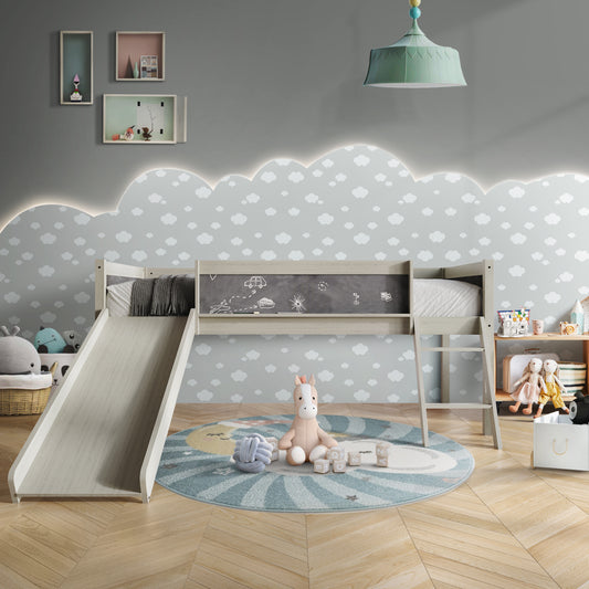 Airielle Twin Low Loft Bed with Chalkboard, Slide and Ladder