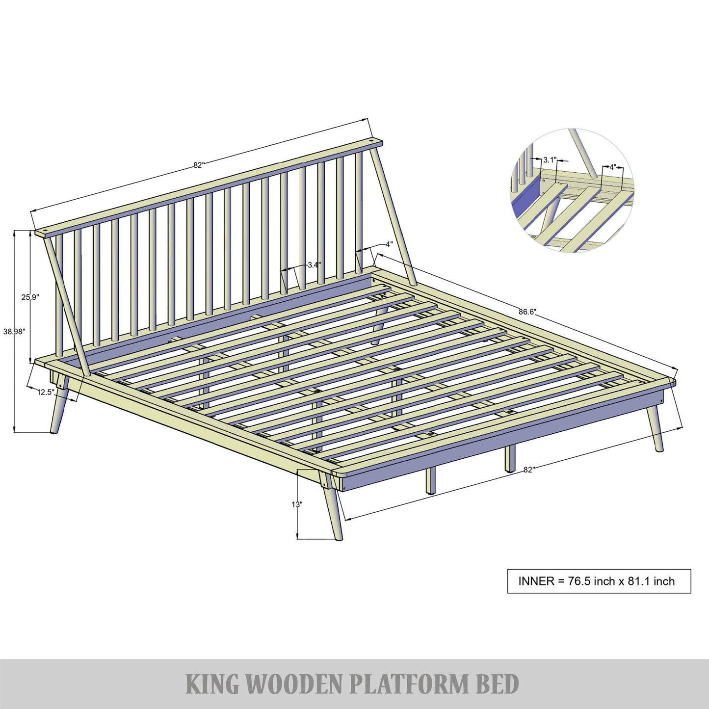 Vintage Wooden Platform Bed