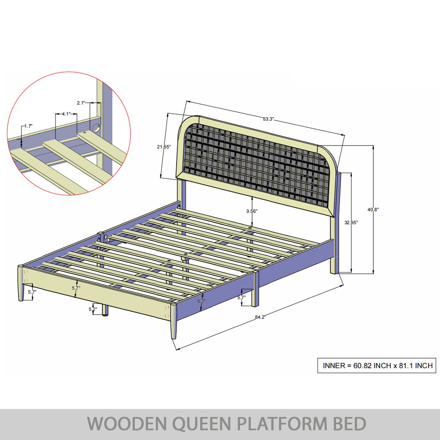 Mid-Century Wooden Platform Bed