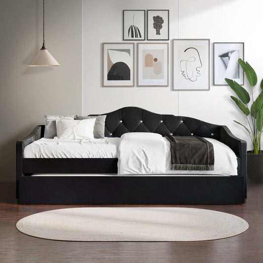 Caitronia Velvet, Crystal Button Tufted Twin Daybed with Trundle