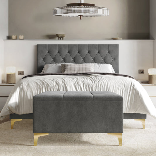 Gatsby Crystal Diamond Tufted Velvet Upholstered Bed with Storage Bench