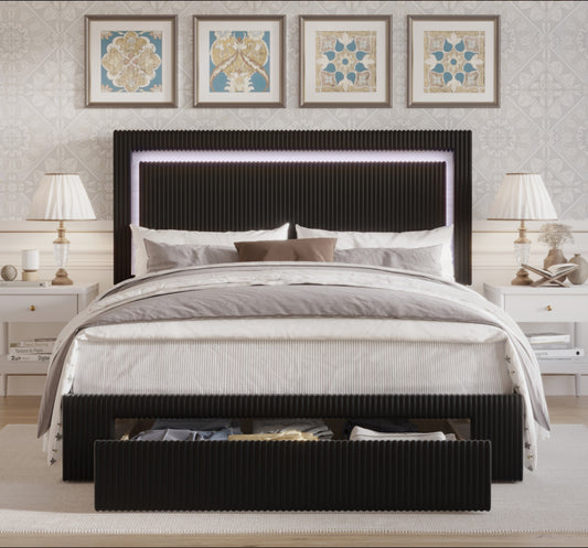 Gouker Velvet Tufted LED Light Platform Storage Bed