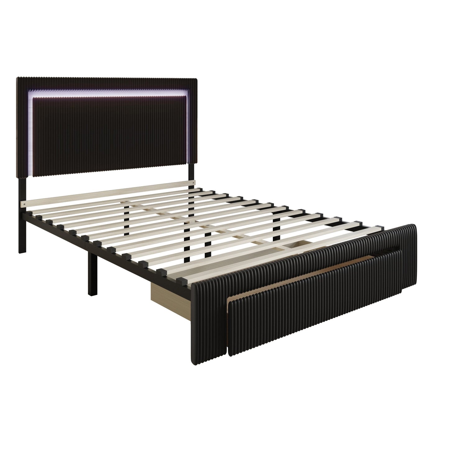 Velvet Tufted LED Light Platform Storage Bed