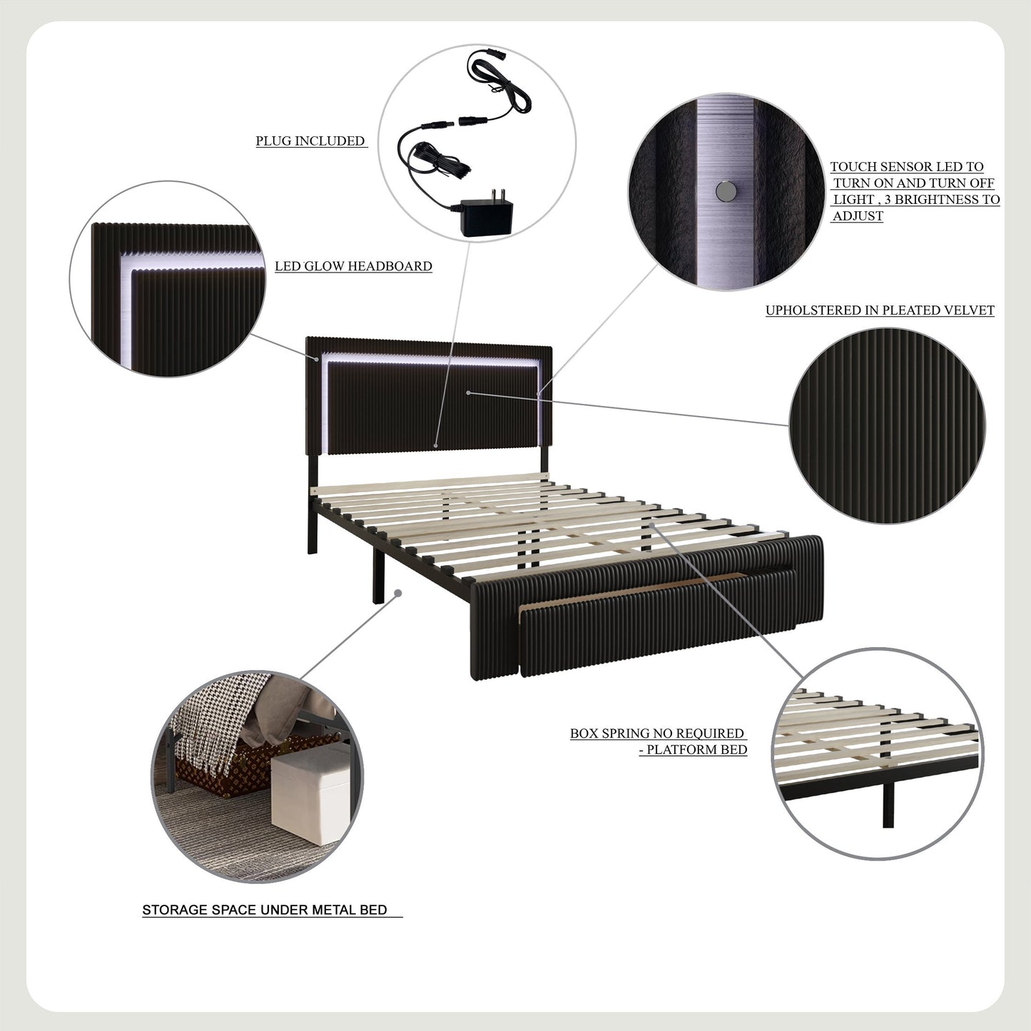 Velvet Tufted LED Light Platform Storage Bed