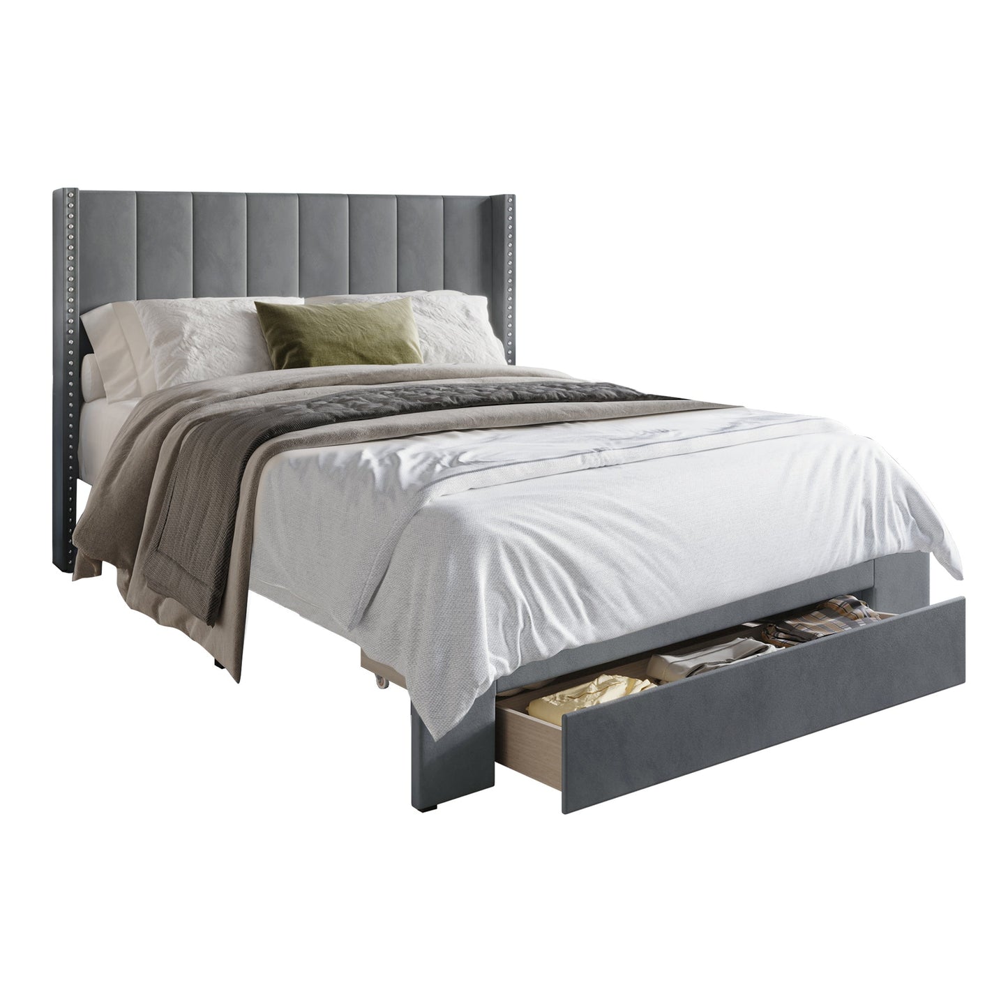 Velvet Wingback Tufted Upholstered Platform Storage Bed