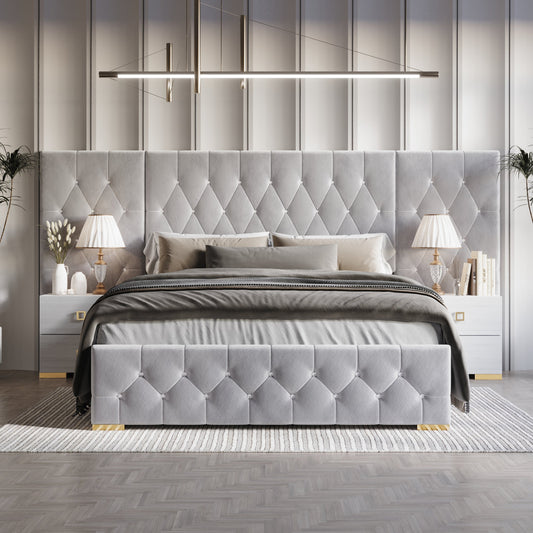 Luxurious Velvet Tufted Platform Bed with Wall Panels