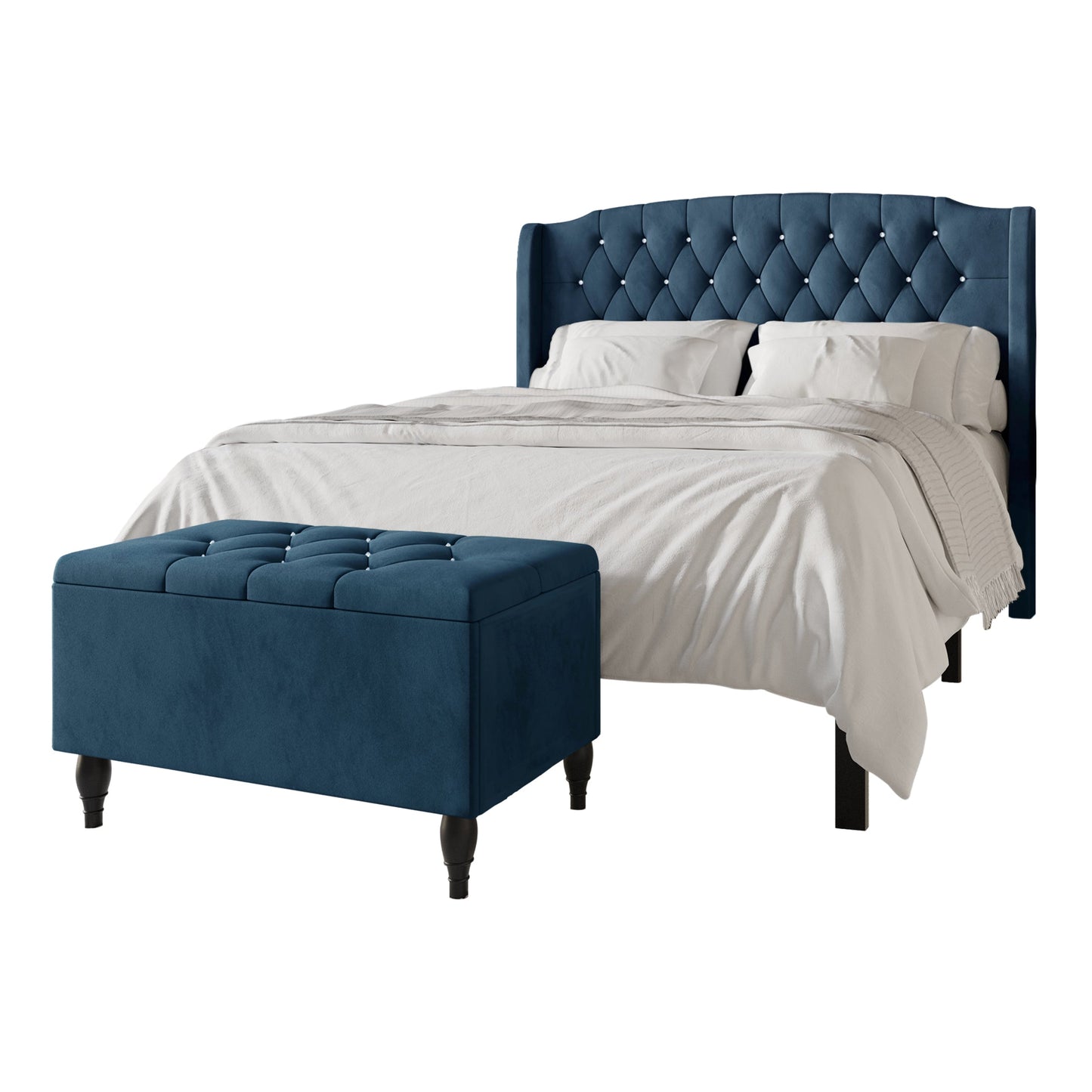 2 Piece Bedroom Bench Set Velvet Wingback Upholstered Bed