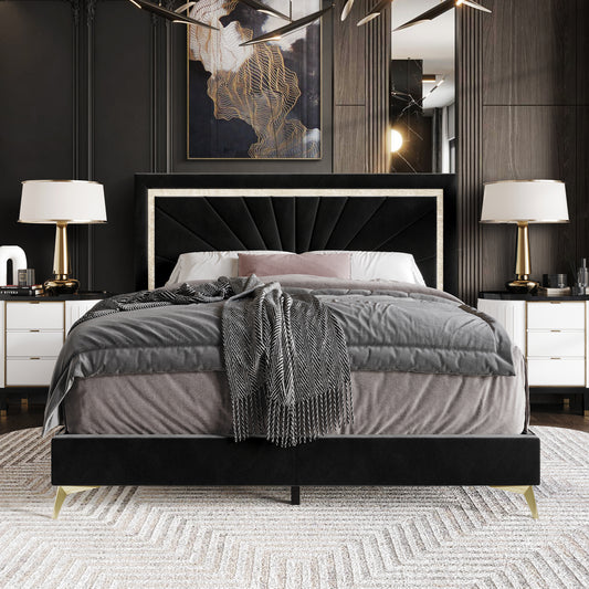 Luxurious Diamond Strip Velvet Upholstered Bed