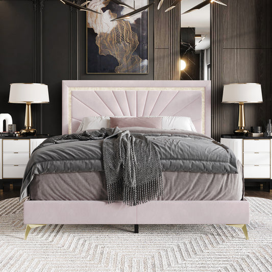 Luxurious Diamond Strip Velvet Upholstered Bed