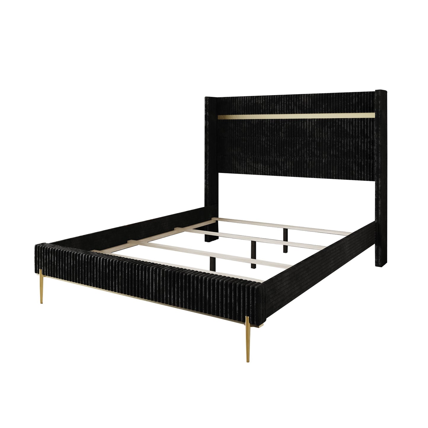 Luxurious Gold PU Strip Wingback Velvet Upholstered Bed