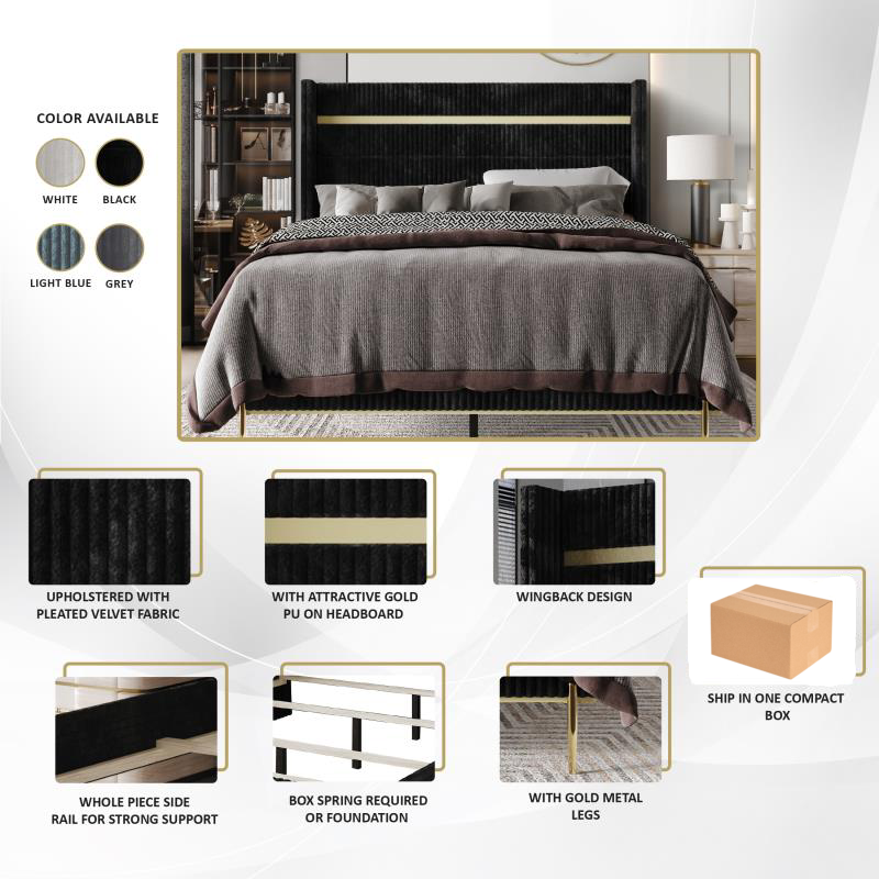 Luxurious Gold PU Strip Wingback Velvet Upholstered Bed