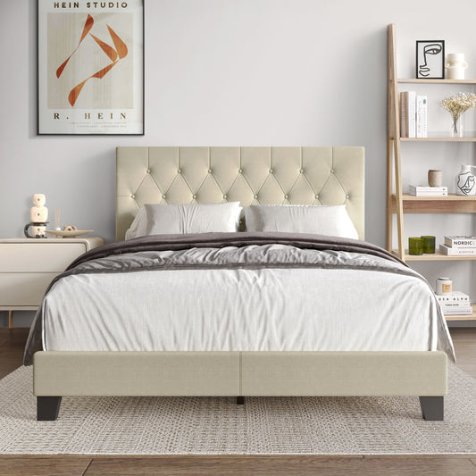 Simple Button Tufted Linen Upholstered Bed