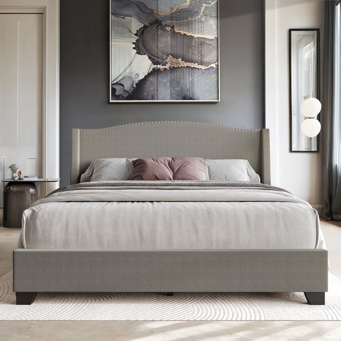 Elegant Chrome Nailhead Wingback Upholstered Bed with Drawers