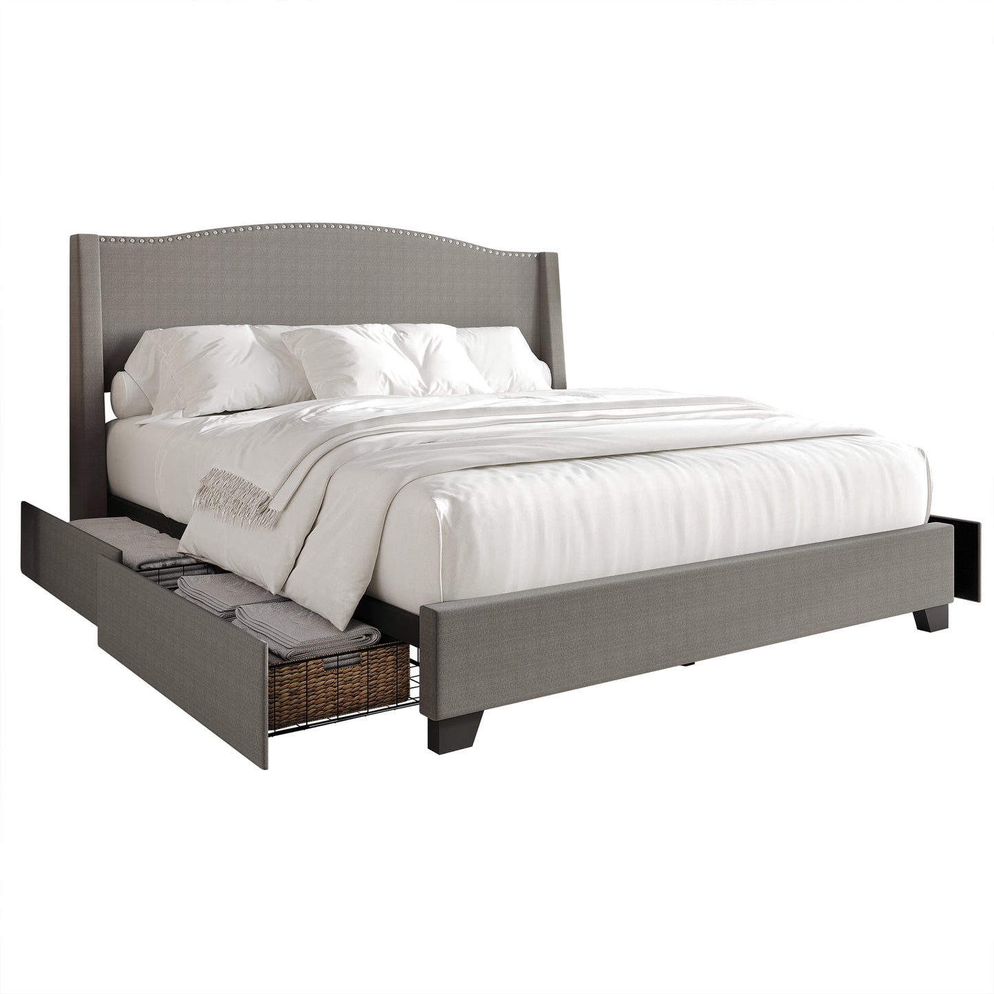 Elegant Chrome Nailhead Wingback Upholstered Bed with Drawers