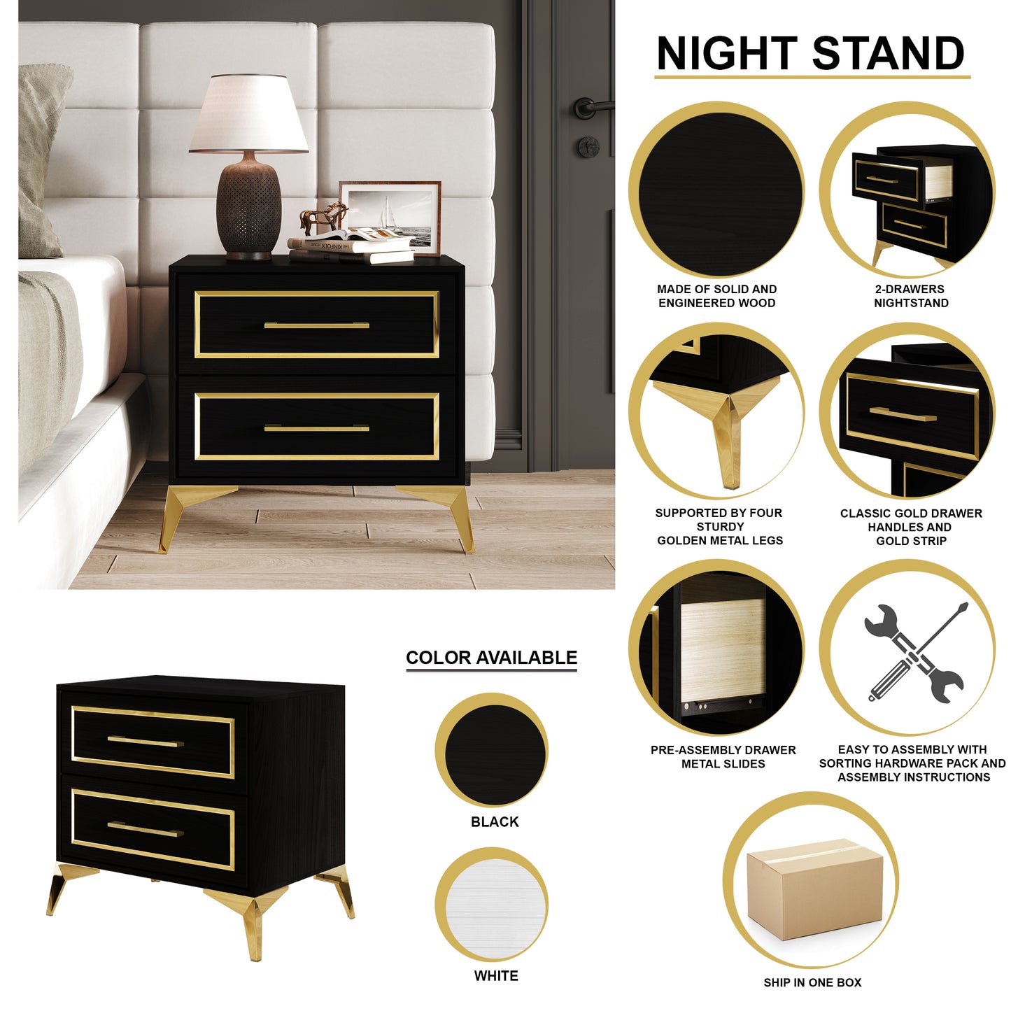 Contemporary Nightstand with 2 Drawers