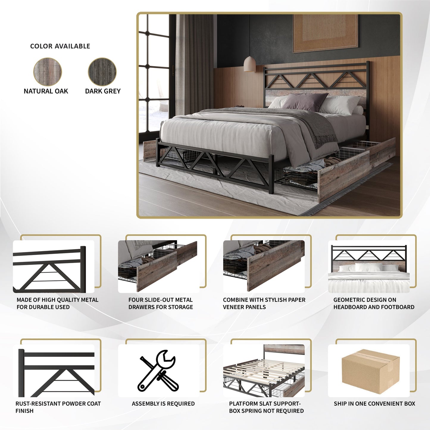 Annagreth Contemporary Metal Platform Bed with 4 Metal Drawers