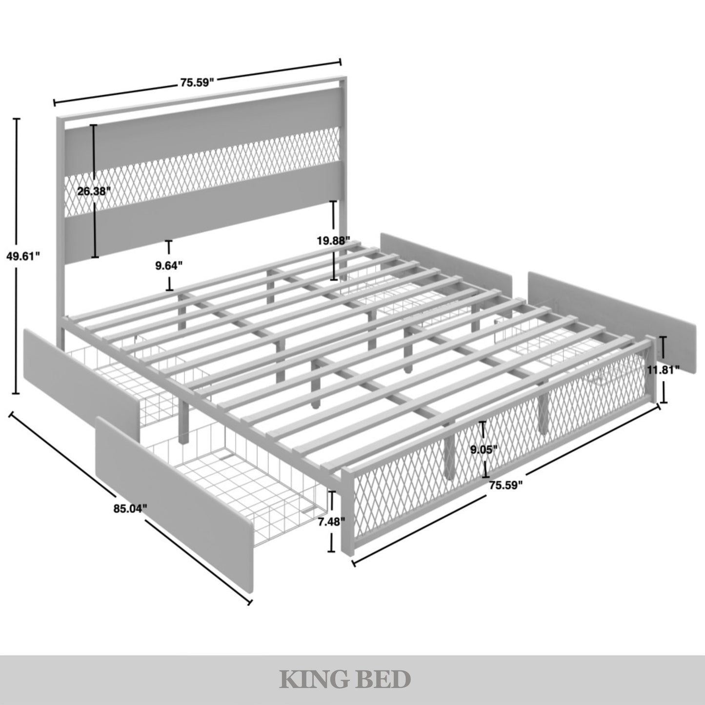 Khadijia Modern Metal Platform Bed with 4 Metal Drawer