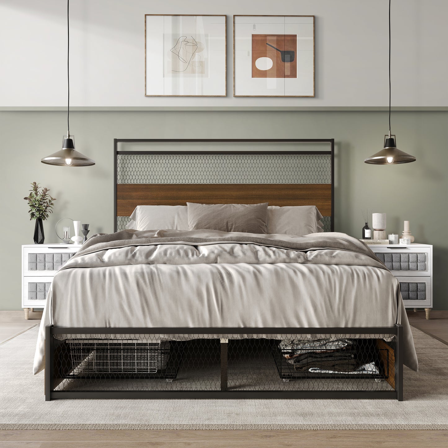 Khadijia Modern Metal Platform Bed with 4 Metal Drawer