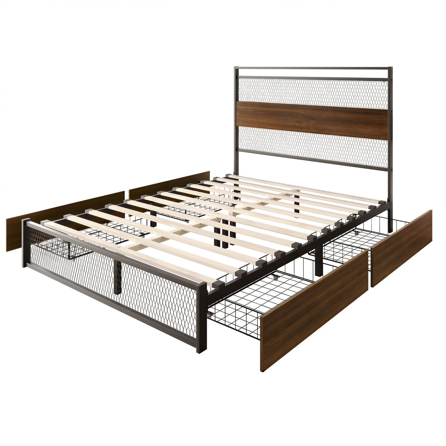 Khadijia Modern Metal Platform Bed with 4 Metal Drawer