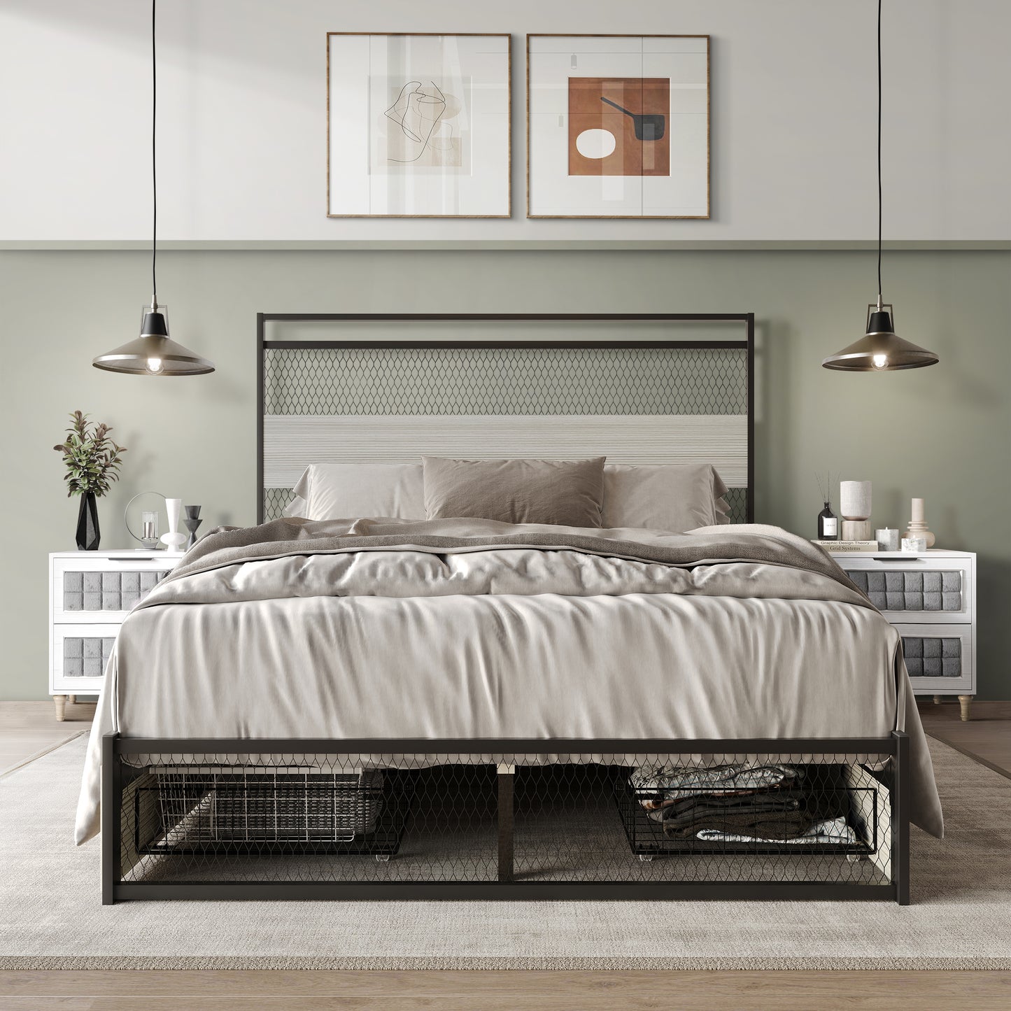 Khadijia Modern Metal Platform Bed with 4 Metal Drawer