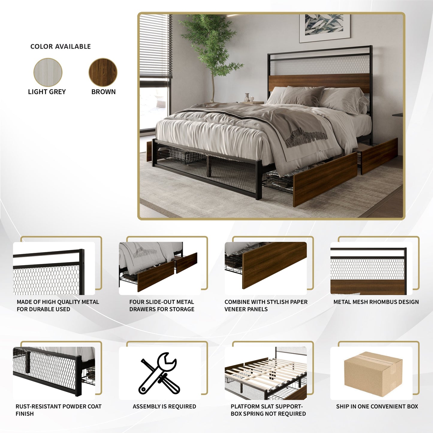 Khadijia Modern Metal Platform Bed with 4 Metal Drawer